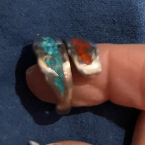 Silver Zuni Native artisan inlaid turquoise coral adjustable pinky ring Vintage